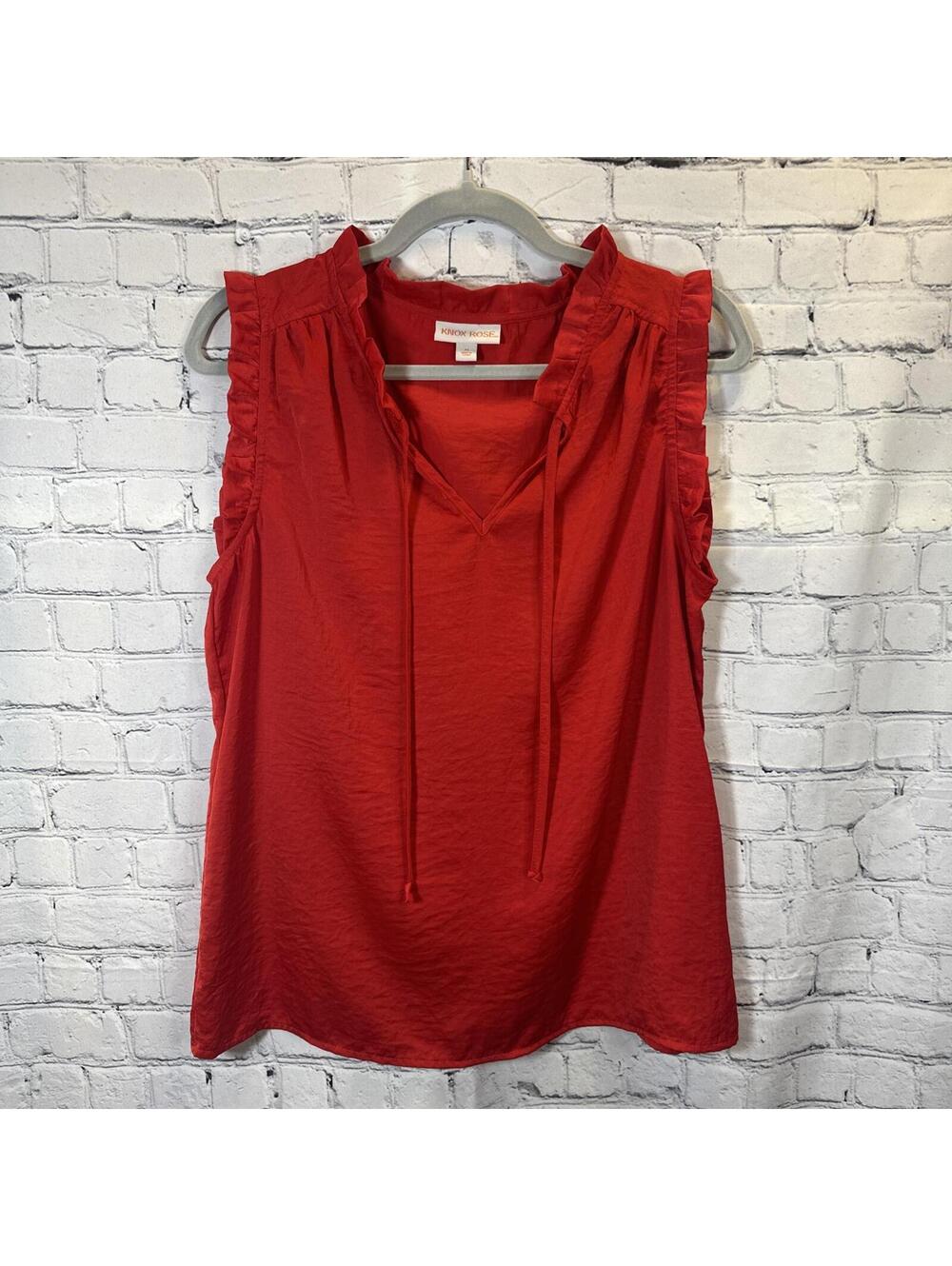 Knox Rose Red Boho Silky Satin Ruffle Sleeveless Top M